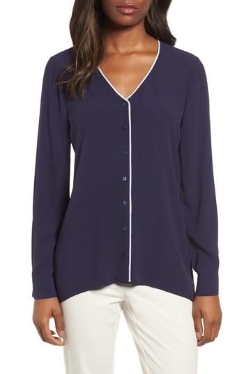 Women's Eileen Fisher Piped Silk Blouse - Purple