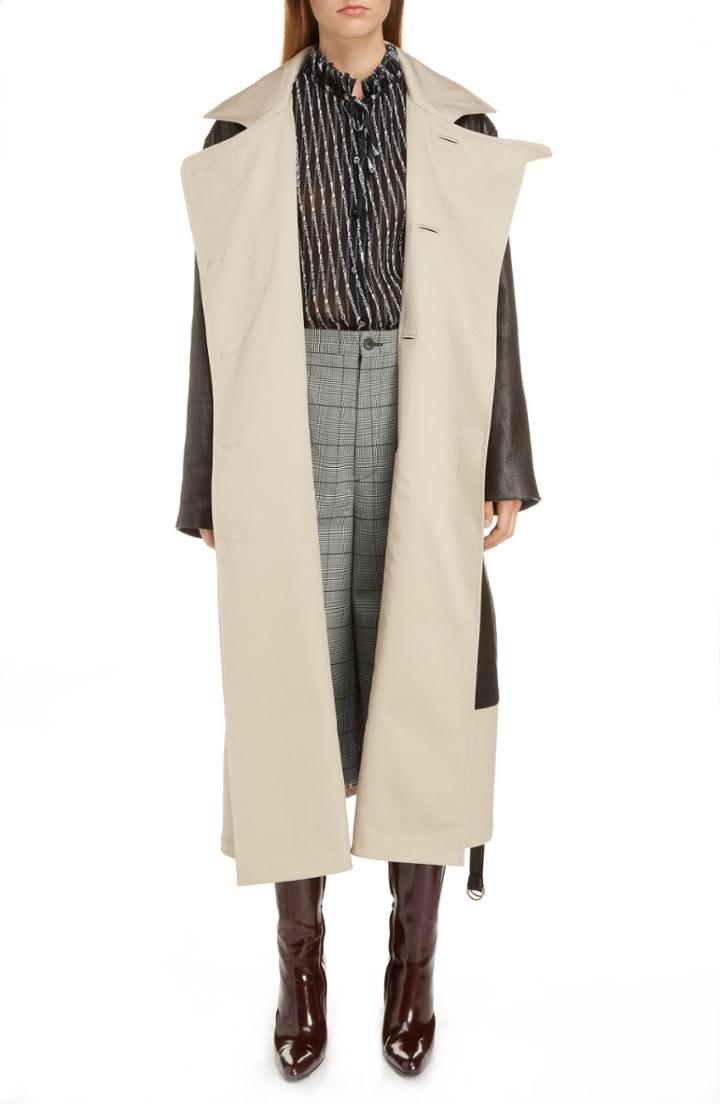 Women's Balenciaga Layered Leather & Canvas Coat Us / 42 Fr - Brown