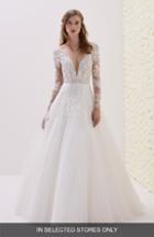 Women's Pronovias Espiga V-neck Lace & Tulle Gown, Size - Ivory