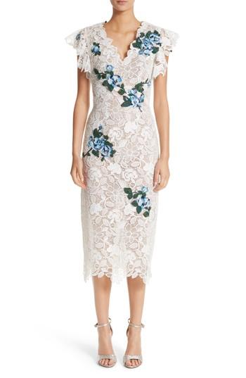 Women's Monique Lhuillier Ruffle & Applique Lace Sheath Dress