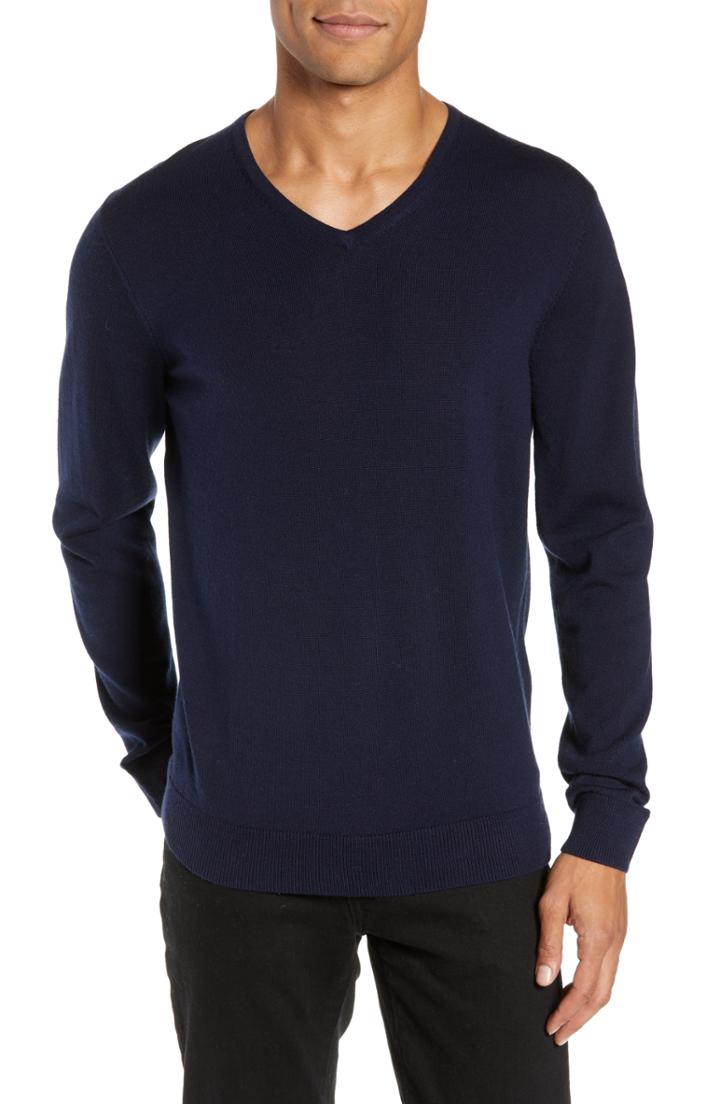 Men's Nordstrom Men's Shop Regular Fit Merino Wool V-neck Sweater, Size - Blue