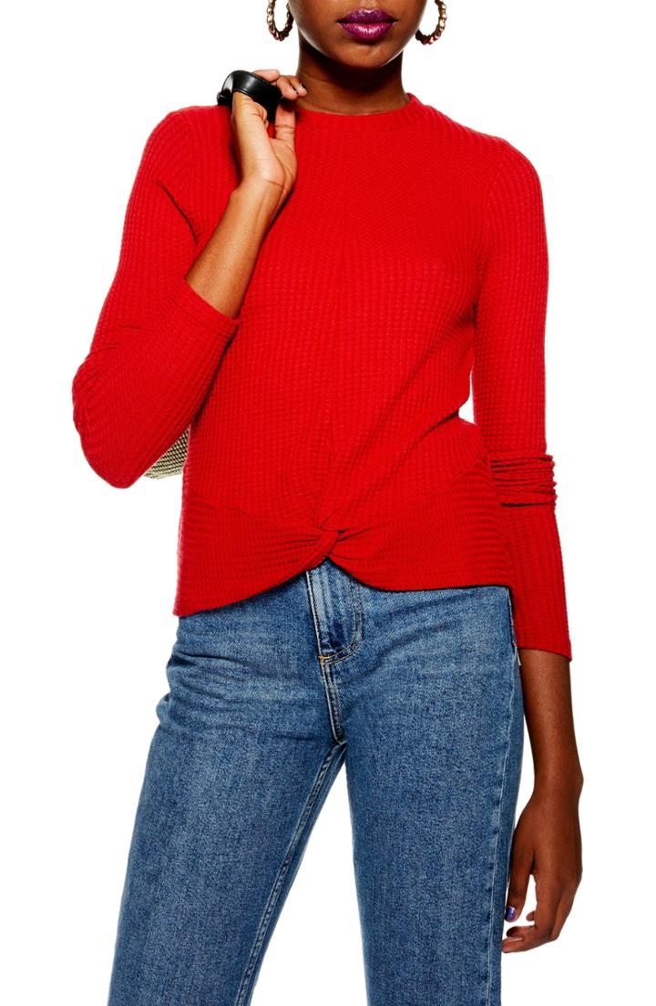 Women's Topshop Twist Waffle Top Us (fits Like 6-8) - Red