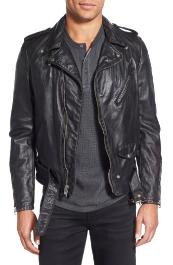 Men's Schott Nyc Hand Vintaged Slim Fit Leather Motocycle Jacket - Black