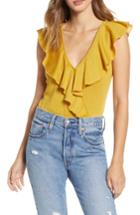 Women's Band Of Gypsies Tenley Metallic Ruffle Neck Bodysuit - Yellow