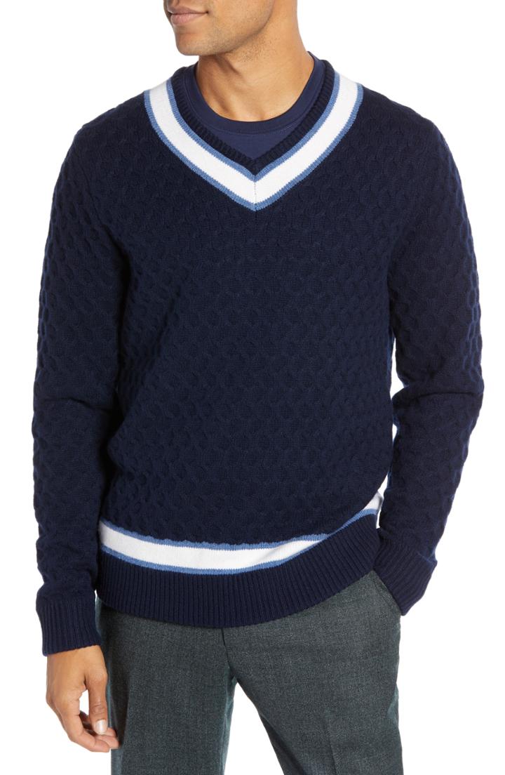 Men's 1901 Varsity Stripe V-neck Wool Blend Sweater - Blue