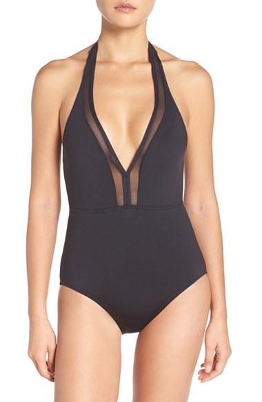 Women's Tommy Bahama Mesh Solids Plunge Halter One-piece Swimsuit