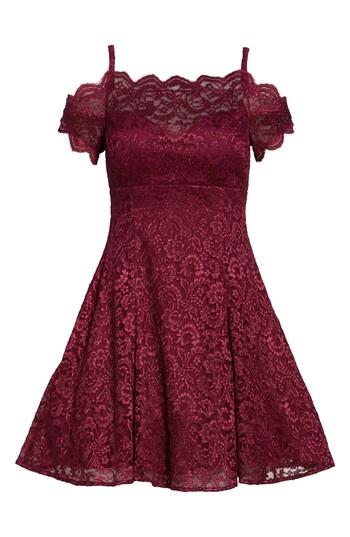 Women's Morgan & Co. Off The Shoulder Lace Fit & Flare Dress /2 - Burgundy