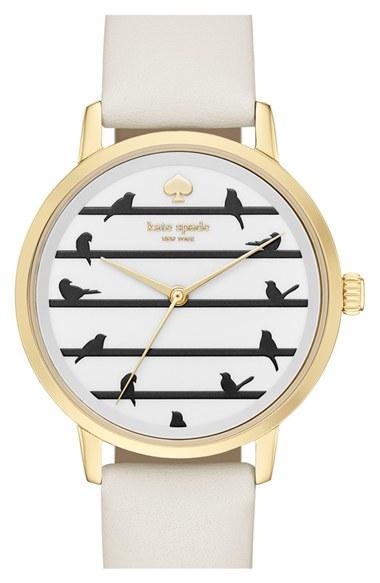 Women's Kate Spade New York 'birds On A Wire - Metro' Leather Strap Watch, 34mm