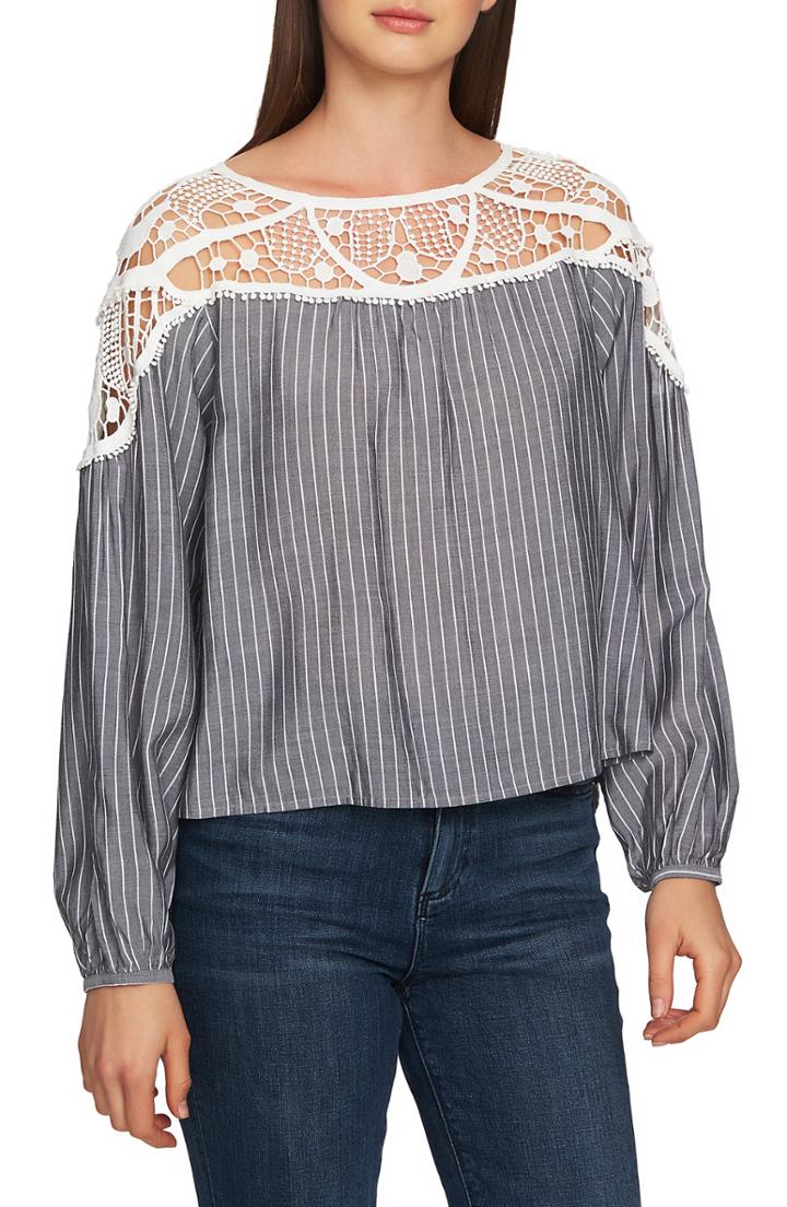 Women's 1.state Lace Yoke Pinstripe Blouse, Size - Black