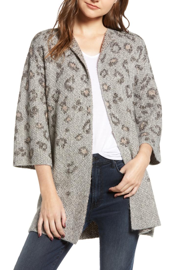 Women's Cupcakes And Cashmere Kline Leopard Print Cotton Blend Cardigan, Size - Grey