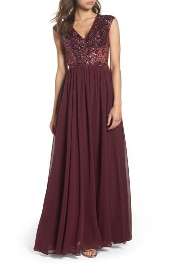 Women's Sean Collection Embellished Mesh & Chiffon Gown - Burgundy