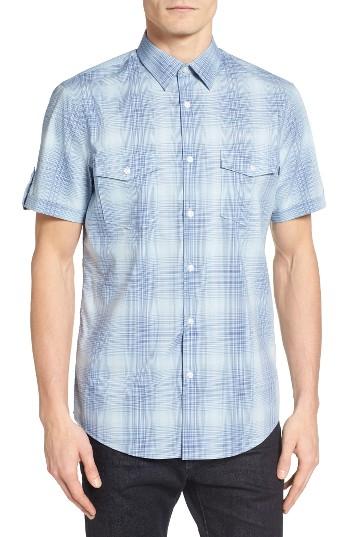 Men's Calibrate Trim Fit Non-iron Plaid Sport Shirt, Size - Blue