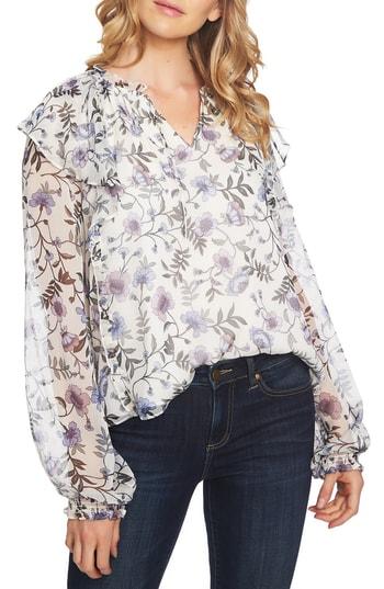 Women's Cece Bloomsbury Floral Chiffon Ruffle Blouse - Ivory