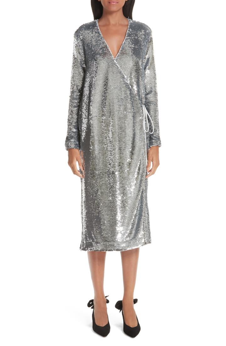 Women's Ganni Sonora Sequin Wrap Dress Us / 34 Eu - Metallic