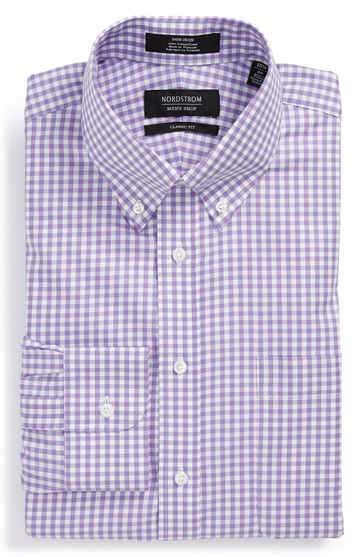 Men's Nordstrom Men's Shop Classic Fit Non-iron Gingham Dress Shirt - 33 - Purple (online Only)