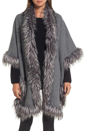 Women's Love Token Knit Poncho With Faux Fur Trim