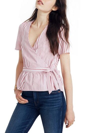 Women's Madewell Stripe Ruffle Hem Wrap Top, Size - Burgundy