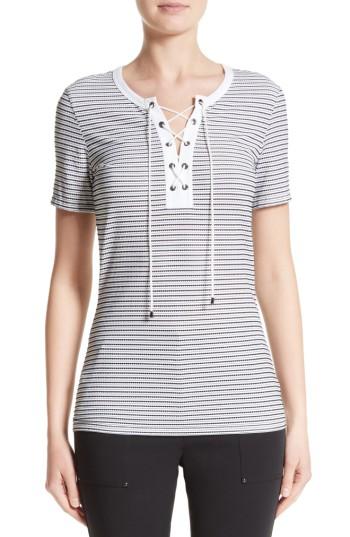 Women's St. John Collection Mesh Stripe Jersey Lace-up Tee, Size - White