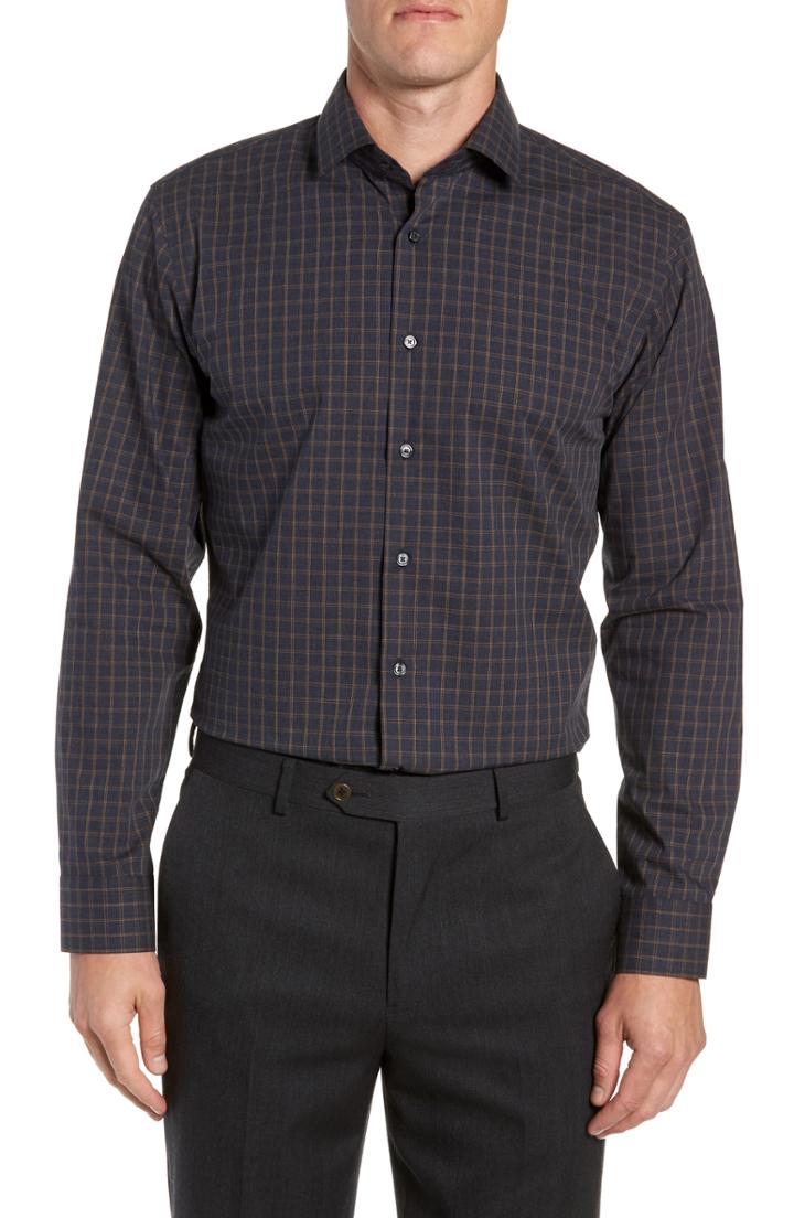 Men's Calibrate Trim Fit Non-iron Check Dress Shirt - 34/35 - Brown