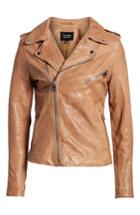 Women's Lamarque Washed Lambskin Leather Moto Jacket - Brown