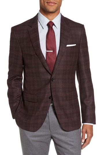 Men's Boss T-heel Trim Fit Plaid Wool & Silk Sport Coat S - Red