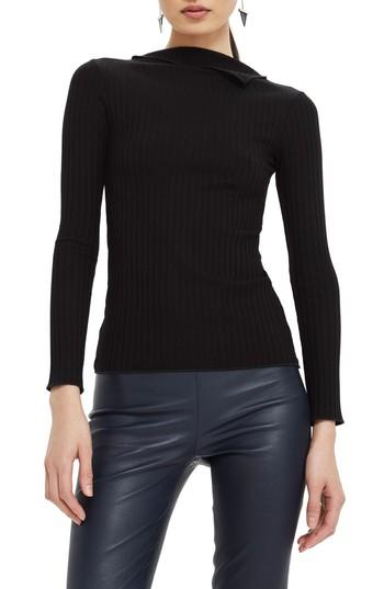 Women's Topshop Boutique Fold Neck Rib Shirt Us (fits Like 0) - Black