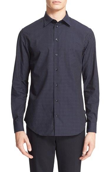 Men's Armani Collezioni Trim Fit Check Sport Shirt, Size - Blue