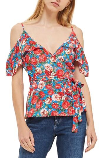 Women's Topshop Floral Cold Shoulder Wrap Top Us (fits Like 0) - Blue