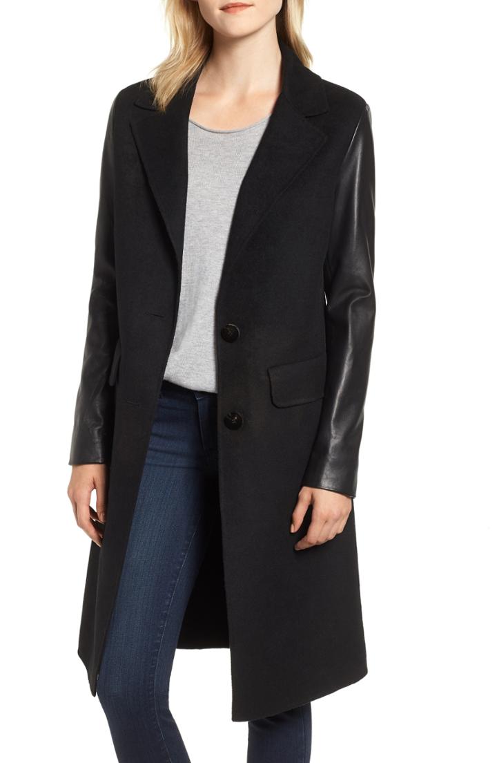 Women's Kristen Blake Genuine Fox Fur Trim Hooded Wool Coat