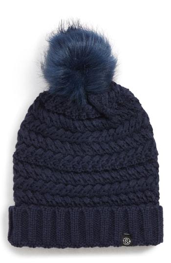 Women's Treasure & Bond Cable Knit Beanie With Faux Fur Pom - Blue