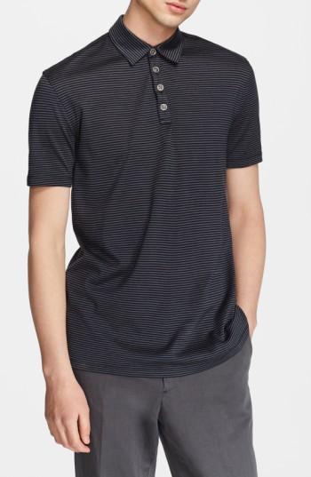 Men's John Varvatos Collection 'hampton' Stripe Silk & Cotton Polo, Size - Black