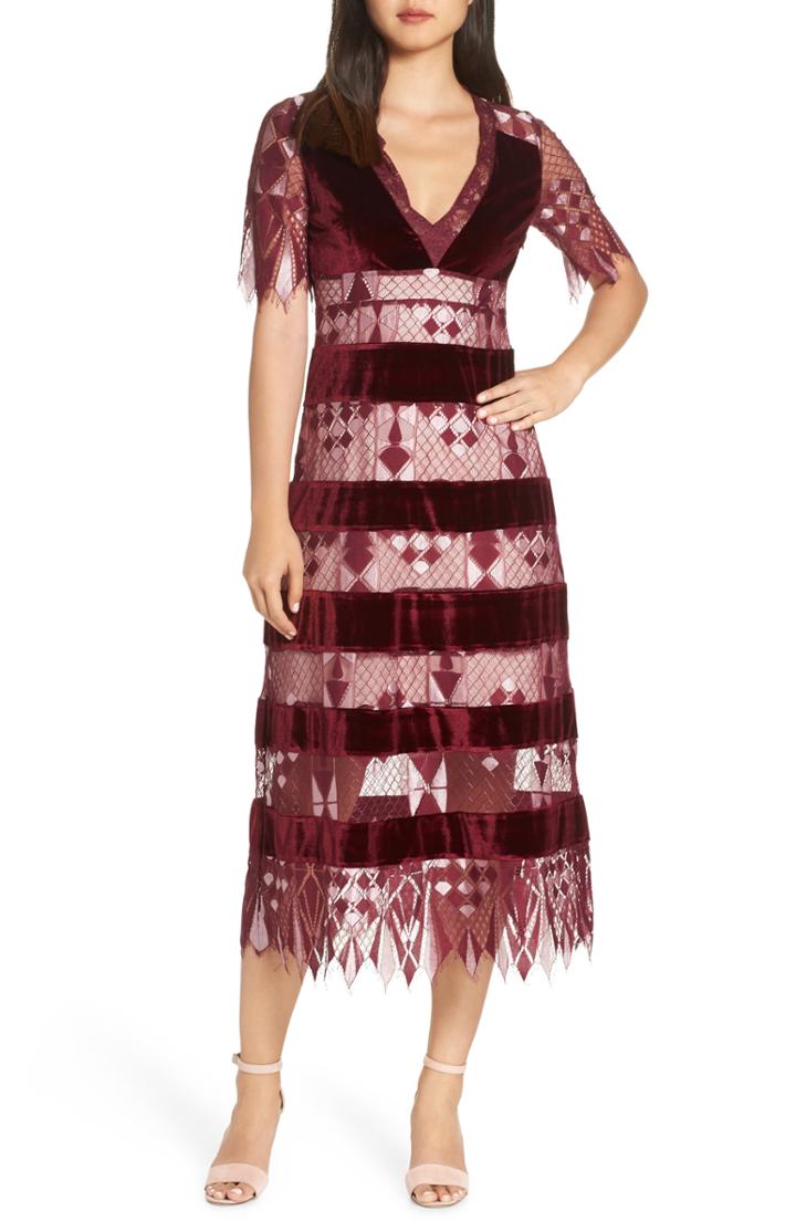 Women's Foxiedox Aria Zulu Lace & Velvet Midi Dress - Burgundy