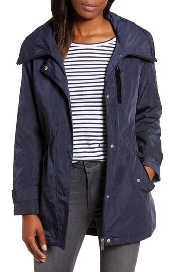 Women's Sam Edelman Velvet Trim Rain Parka - Blue