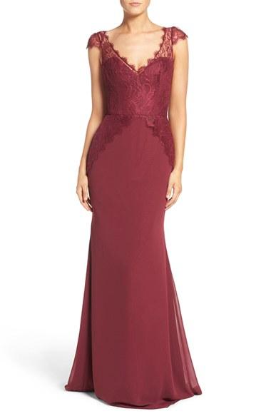 Women's Hayley Paige Occasions Cap Sleeve Lace & Chiffon Trumpet Gown - Red