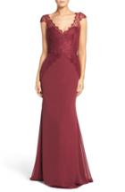 Women's Hayley Paige Occasions Cap Sleeve Lace & Chiffon Trumpet Gown - Red