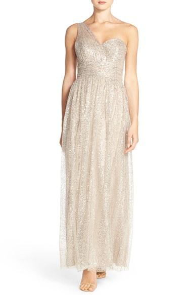 Women's Watters 'lori' One-shoulder Sequin Tulle Gown - Beige