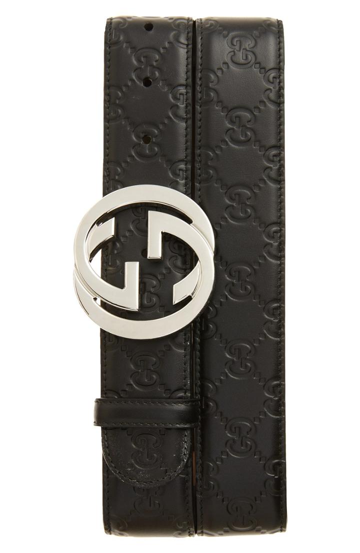 Men's Gucci Logo Embossed Leather Belt 0 Eu - Black