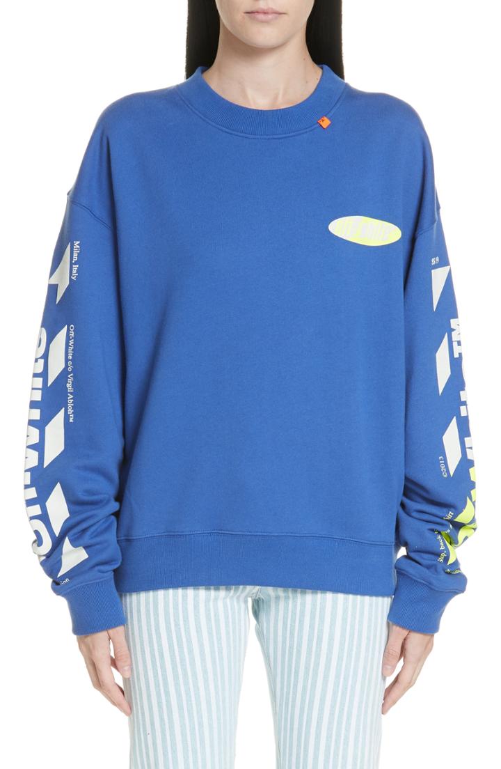 Women's Off-white Diagonal Split Logo Crewneck Sweatshirt, Size - Blue