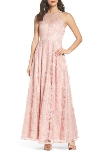 Women's Morgan & Co. Lace-up Back Embroidered Gown /2 - Pink