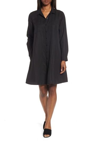 Petite Women's Eileen Fisher Classic Collar A-line Shirtdress P - Black