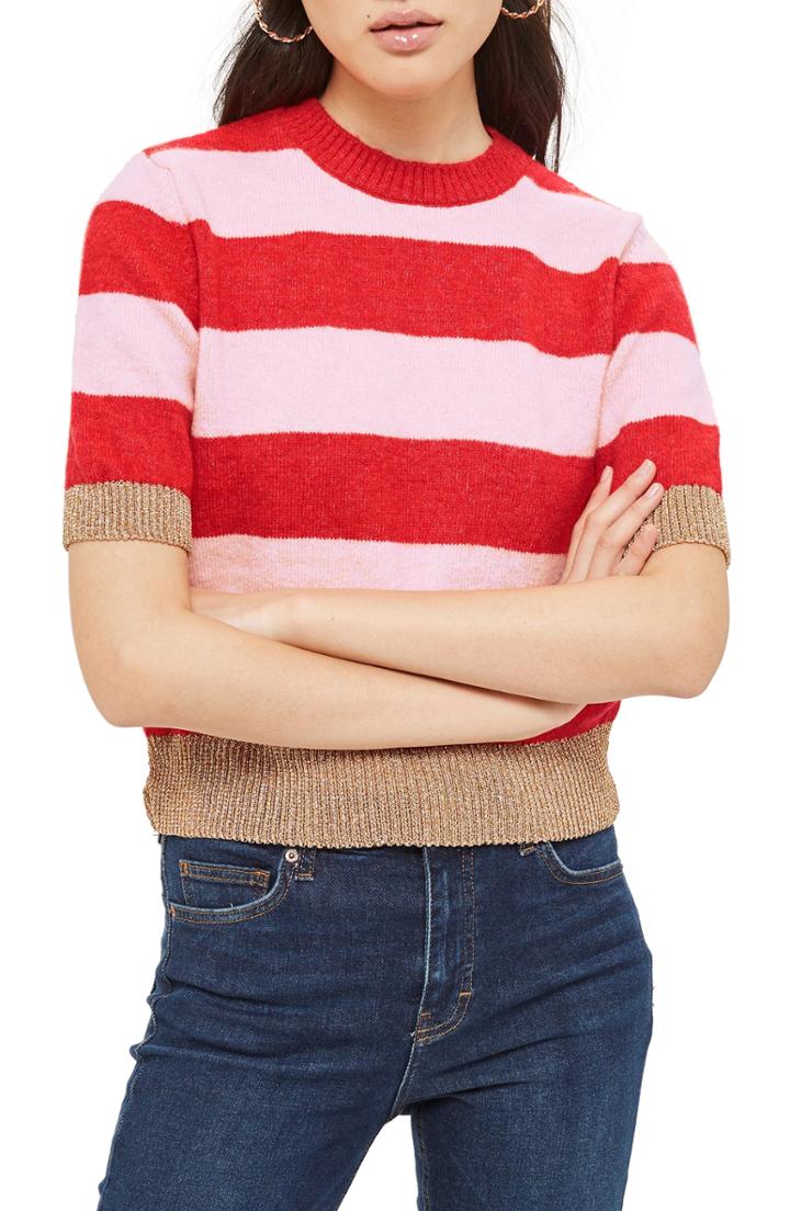 Women's Topshop Metallic Stripe Crop Sweater Us (fits Like 0) - Pink