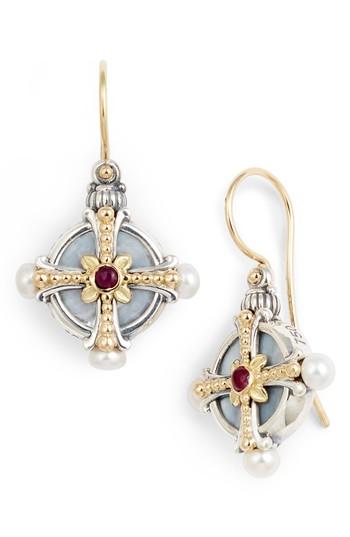 Women's Konstantino Etched Silver Pearl & Ruby Drop Earrings