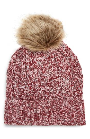 Women's Sole Society Cable Knit Beanie With Faux Fur Pom - Red