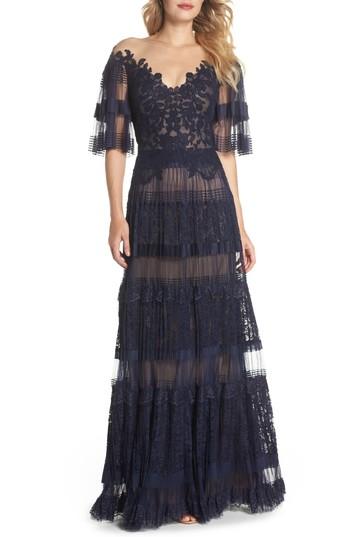 Women's Tadashi Shoji Illusion V-neck Lace Gown - Blue
