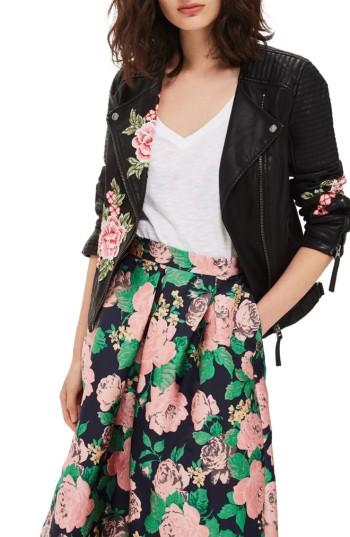 Women's Topshop Luna Floral Patch Faux Leather Biker Jacket Us (fits Like 0) - Black