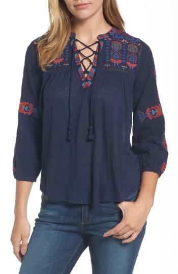 Women's Lucky Brand Embroidered Lace-up Top