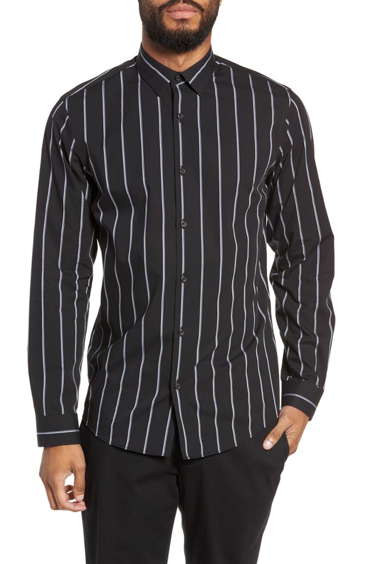 Men's Calibrate Slim Fit Mini Collar Stripe Sport Shirt, Size - Black