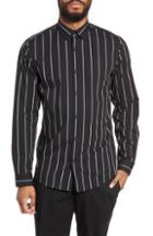 Men's Calibrate Slim Fit Mini Collar Stripe Sport Shirt, Size - Black