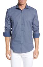 Men's Bugatchi Shaped Fit Dot Plaid Sport Shirt, Size - Blue