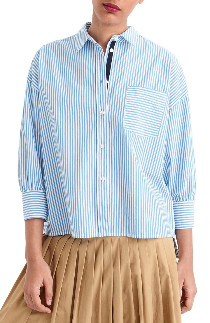 Women's J.crew Stripe Oversize Button Front Poplin Shirt - Blue